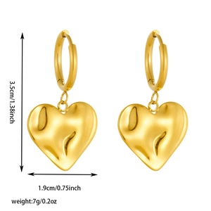 Polished 18k gold heart dangle hoop earrings with textured surface and size details