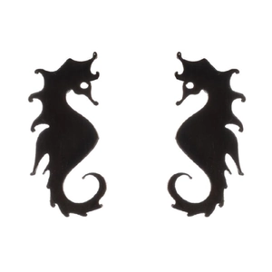 Minimalist black stainless steel seahorse stud earrings set on a white background