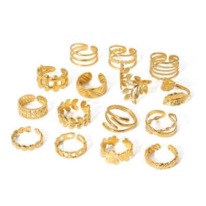 Macro view of 14-piece 18k gold plated leaf and floral stackable rings set