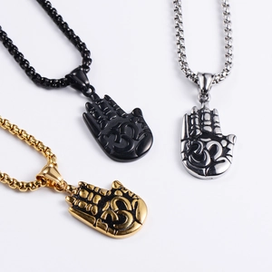 Hamsa Hand and Om symbol stainless steel pendants in black, silver, and gold finishes