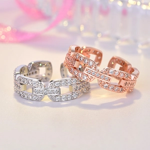 Elegant hollow chain open rings in silver and rose gold with sparkling zircon stones