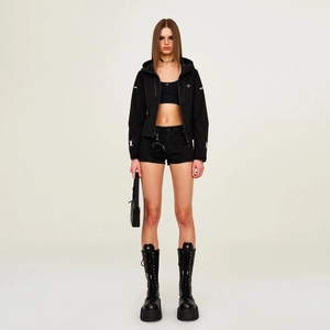 Women's slim fit black techwear hooded jacket with cross print and outdoor functional style