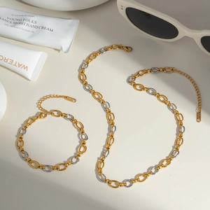 Ensemble bijoux collier et bracelet à maillons ovales en acier inoxydable bicolore