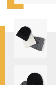 Detail showing thick cable knit texture on winter hats in black, white, and grey colors