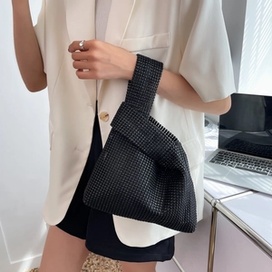 Elegant black rhinestone bucket handbag with crystal embellishment and knot handle design