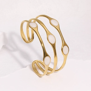 Minimalist 18k gold plated stainless steel open bangle with white enamel oval inlay