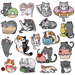 Set of 16 assorted cartoon cat embroidery patches with diverse cute kitten designs