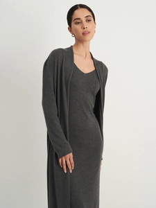 Detail of soft charcoal grey knitted cardigan and V-neck maxi dress set for women