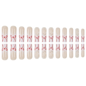 French nude ballerina press-on nails with red bow patterns and delicate white pearls