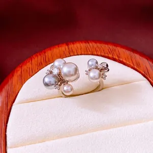 French vintage style open ring with mixed pearl clusters and sparkling zircon accents