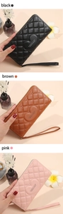 Three-panel view of long quilted PU wallets in black, brown, and pink with wrist straps