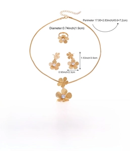 Detailed view of gold frosted floral jewelry set with necklace earrings and ring