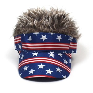 Detail of USA flag pattern baseball cap featuring realistic brown synthetic hair wig top