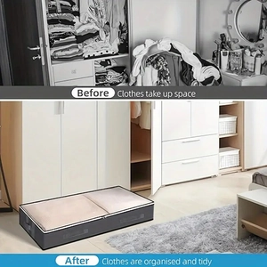 Before and after comparison showing clothes organized in grey fabric storage bins