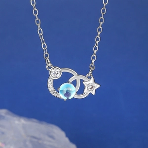 Zodiac crescent moon and star pendant necklace with blue moonstone and diamonds