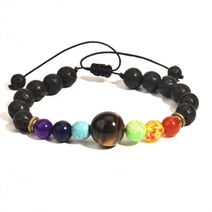 Adjustable hand-woven lava rock bracelet featuring colorful amethyst and tiger eye beads