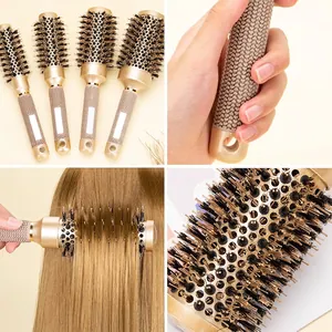 Golden ceramic round hairbrush set with four sizes and anti-slip handles for heat styling