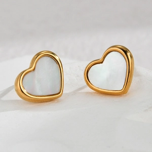 Minimalist heart-shaped gold earrings with white mother of pearl inlay for women