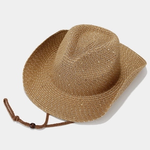 Brown woven Panama straw hat with cowboy style and adjustable chin strap for sun protection