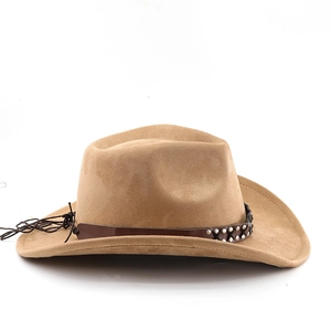Detail of khaki faux suede cowboy hat featuring brown leather band and silver studs
