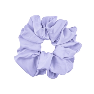 Detailed close-up of a 14cm elastic light purple satin scrunchie with silky luster texture