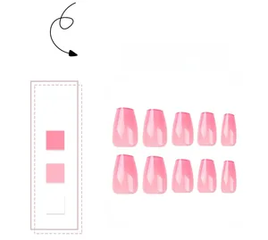 Detail of ten pink gradient coffin press-on nails displayed in a flat lay arrangement