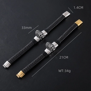 Men's punk braided leather bracelet with embossed warrior skull and metal buckle