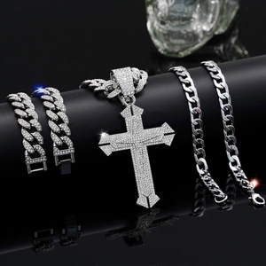 Three-piece hip hop jewelry set with iced out cross pendant and Cuban link chain