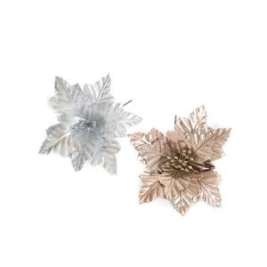 Glittery artificial poinsettia flowers in silver and champagne gold for Christmas DIY decor
