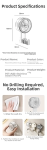 Detailed dimensions and 4-step installation guide for rotating vacuum suction cup hook