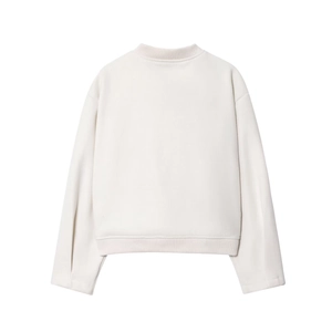 Minimalist white crewneck long sleeve jacket baseball style sweatshirt for women back view
