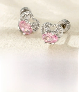 Macro detail of silver heart stud earrings with pink zircon and 0.8x6mm screw back bar