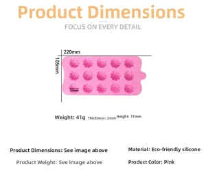 Detailed size diagram for a pink 15-cavity silicone flower and rose cake mold