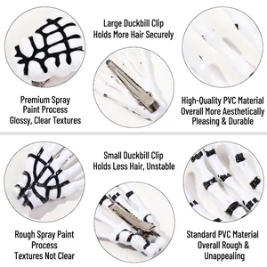 Skeleton hand bone hair clips for Halloween showing size comparison and white PVC detail