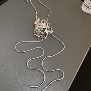 Silver long necklace featuring adjustable snake chain and 3D hollow metal rose pendant