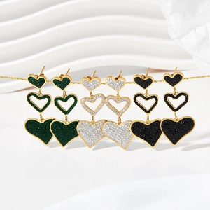 Tiered Heart Cascading Dangle Earrings Stainless Steel With Zircon Rhinestones Elegant Long Drop For Women