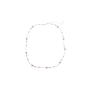 French rose pearl layered necklace in pink pearls and textured silver metal chain
