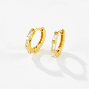 Elegant gold S925 sterling silver T-shaped hoop earrings set with clear baguette zircons