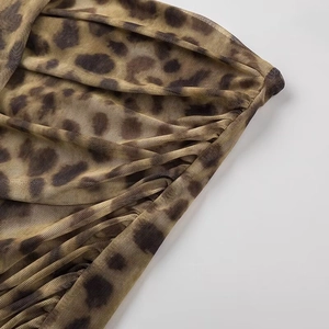 Detail shot of leopard print mesh fabric with soft drape and breathable mesh texture