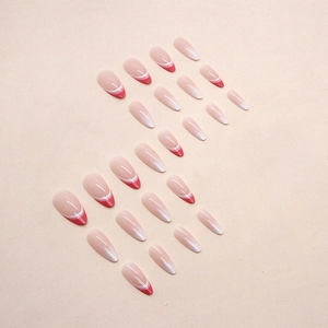 French style almond press-on nails with pink and white dual-line tips in 24pcs set