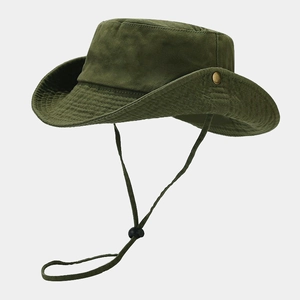 Army green washed cotton sun hat featuring metal side snaps and adjustable windproof strap