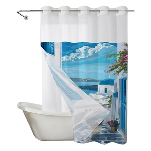 Double-layer waffle shower curtain with Santorini blue dome landscape print