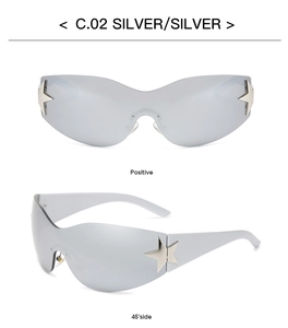 Detail of silver frameless Y2K sunglasses with star-shaped metal accents and silver lenses