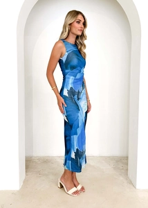 Detail view of the sleek blue abstract floral sleeveless slim-fit maxi dress