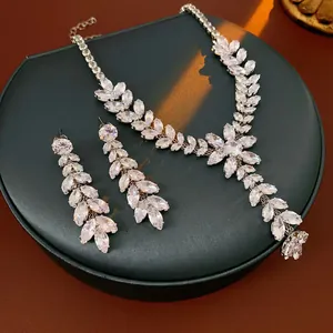 Sparkling wheat ear zircon necklace and fringe earrings luxury silver jewelry set