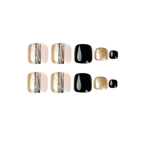 Zomerse opdruk-teennagels met elegante zwarte lijnen en sprankelende gouden glitters