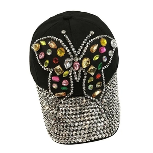 Black denim baseball cap featuring colorful rhinestone butterfly and crystal brim