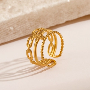 Three-layer 18K gold-plated stainless steel chain ring with butterfly detail for women