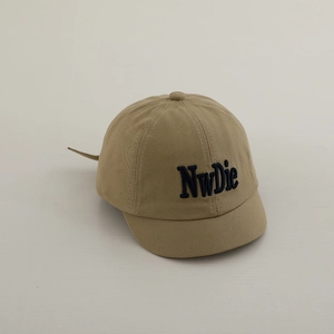 Detailed close-up of khaki cotton baseball cap with blue embroidered 3D letter NwDie