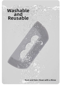Washable grey pet hair remover brush showing reusable soft silicone bristles with water splashes